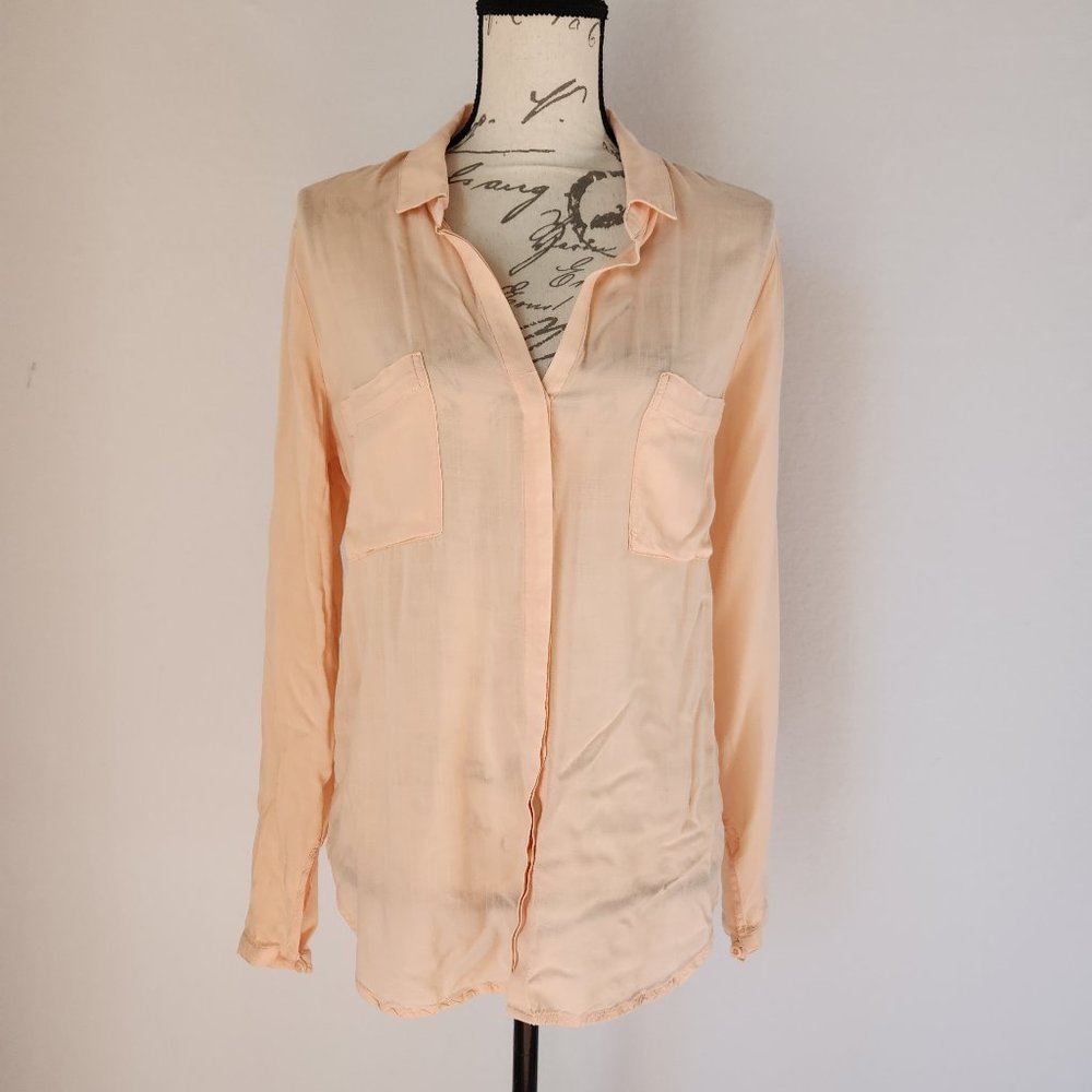 Cloth & Stone Button-Up Tunic Shirt Pocket Long Sleeve Rayon Peach-Orange